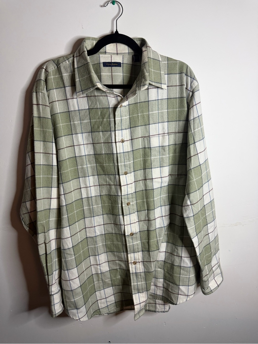Club Room Olive Green and White Plaid Button-Down Shirt
